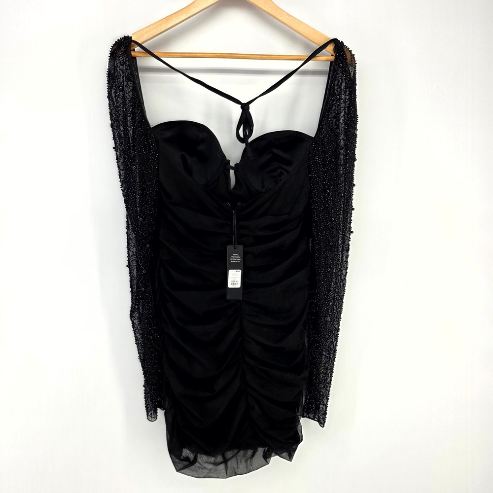 Fashion Nova Mini Dress Women XL Black Princess Beaded Ruched Mesh Bustier Party - Picture 2 of 10